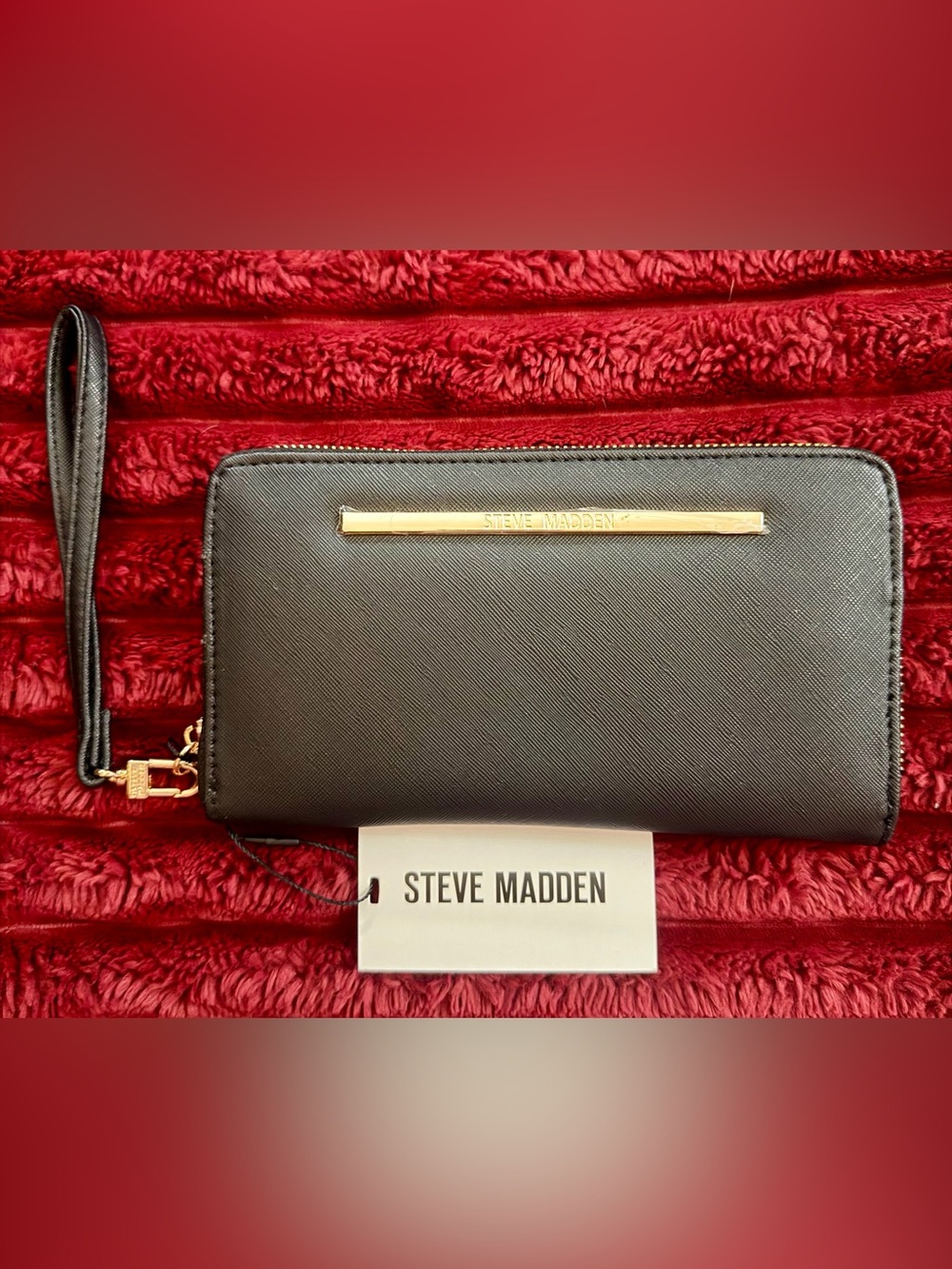 Steve Madden Black Zip-Around Wallet with Gold Bar